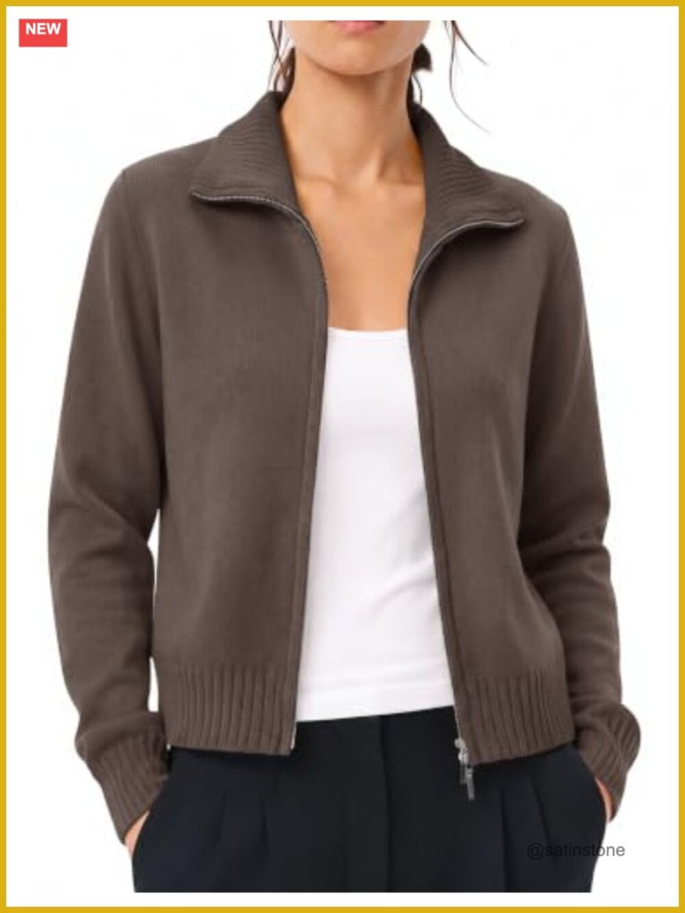 Cotton Blend Cropped Zip Up Cardigan Mock Neck Ribbed Knit Sweater Jacket